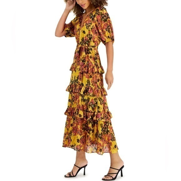 TAYLOR Floral Tiered Maxi Dress Yellow Pink - Picture 1 of 16